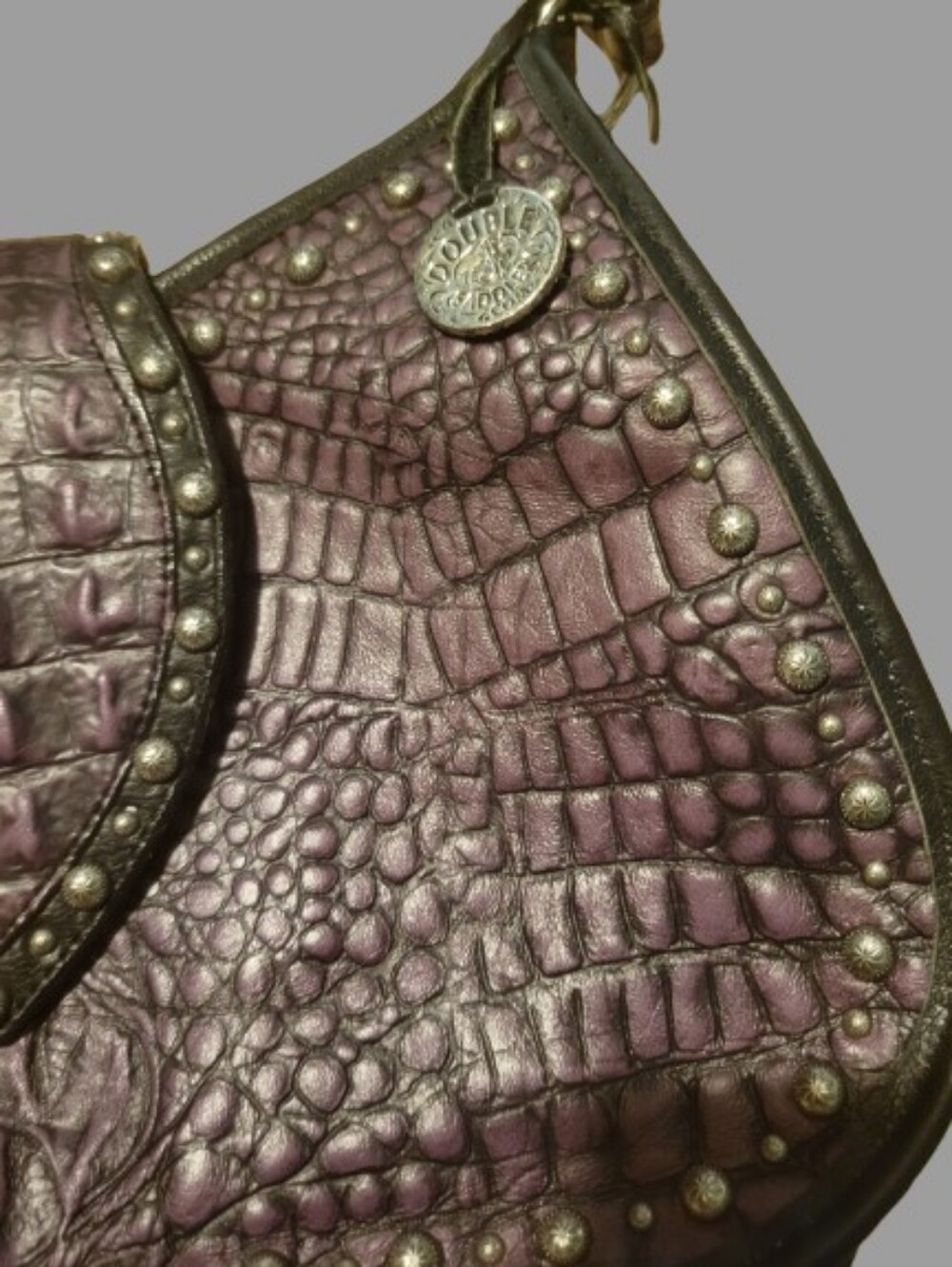 Double J Saddlery Genuine Leather Croc Purple Croc-Embossed Studded Shoulder Bag - Picture 7 of 7